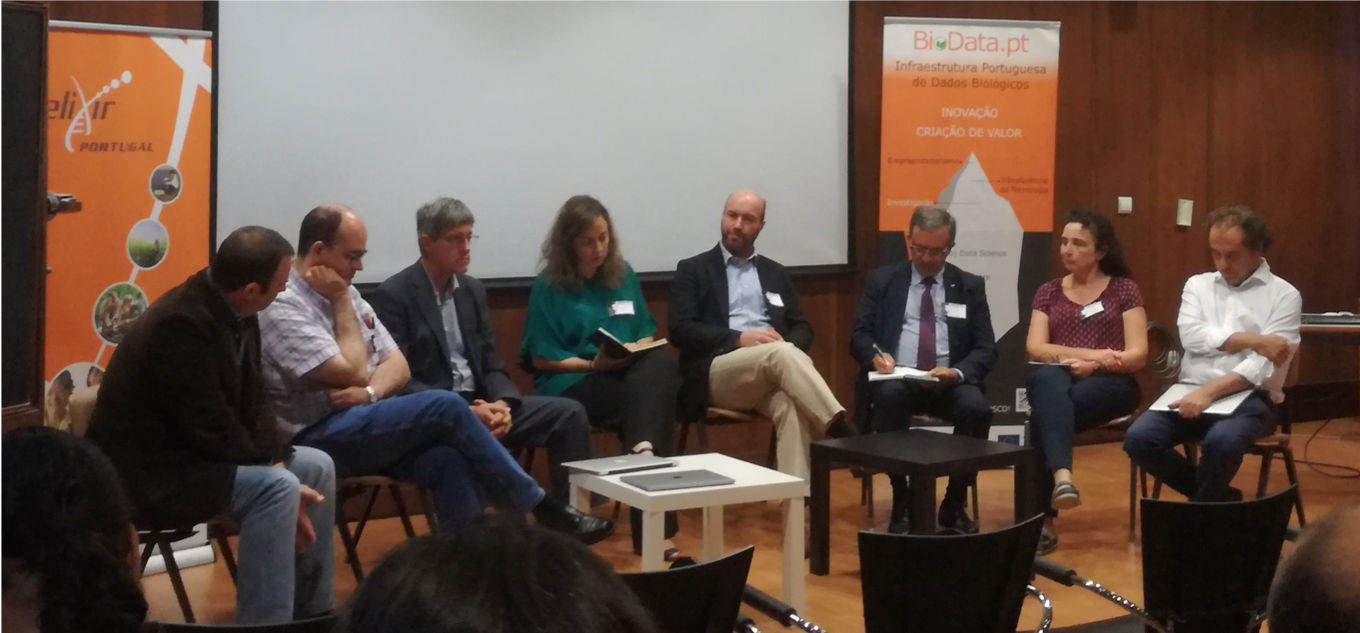 From left to right: Élio Sucena (IGC), Jorge Vieira (IBMC), Arlindo Oliveira (IST), Isabel Rocha (UNL), Pedro Cruz (IBET), Rogério Gaspar (FFUL), Ulrike Wittig (Heidelberg Univ.), Mário Gaspar Silva (INESC ID)